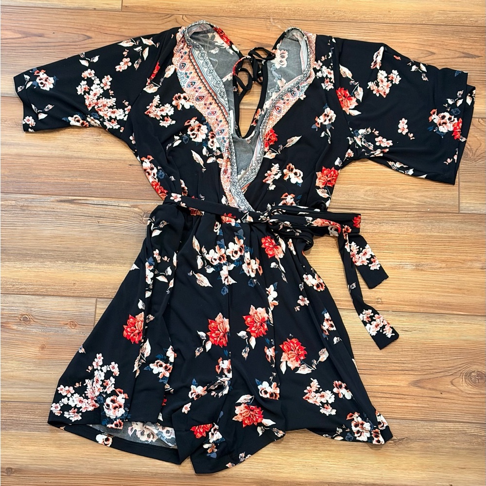 Floral Black Shorts Romper Size Medium